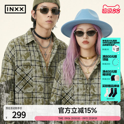 INXX美式复古做旧格子长袖衬衫