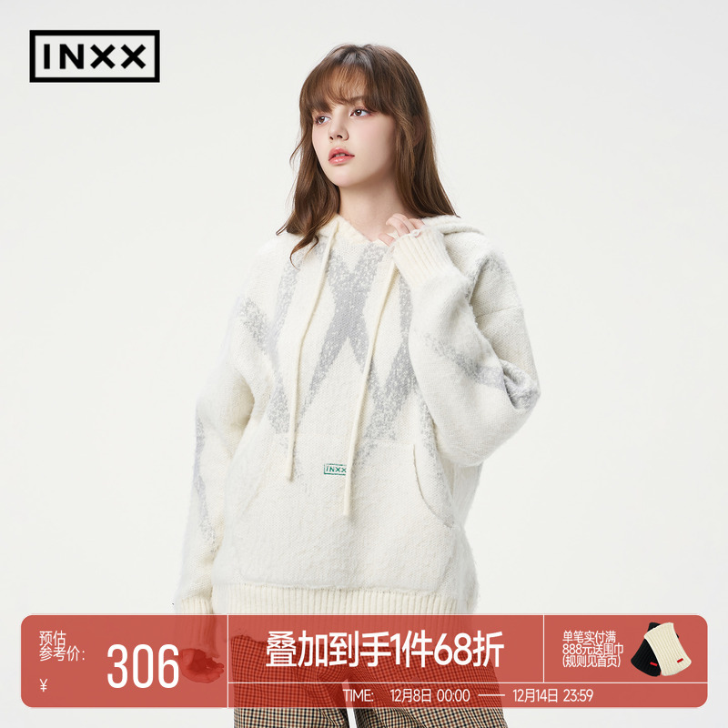 INXX明星同款仿马海毛撞色连帽街头感宽松百搭休闲毛衣情侣款