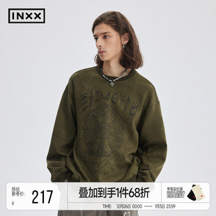 上衣潮 印花圆领长袖 INXXAPYD 复古仿麂皮做旧套头卫衣男美式