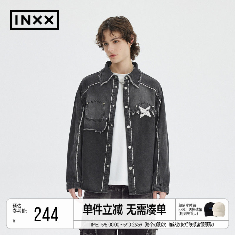 INXXStandby 美式做旧牛仔衬衫外套男设计感毛边拼接宽松衬衣