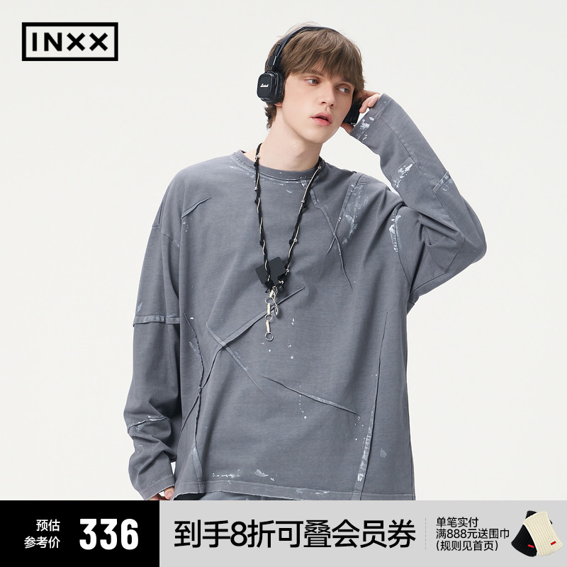 明星同款 INXX手工刷色甩点长袖T恤男潮牌个性字母包针绣上衣情侣