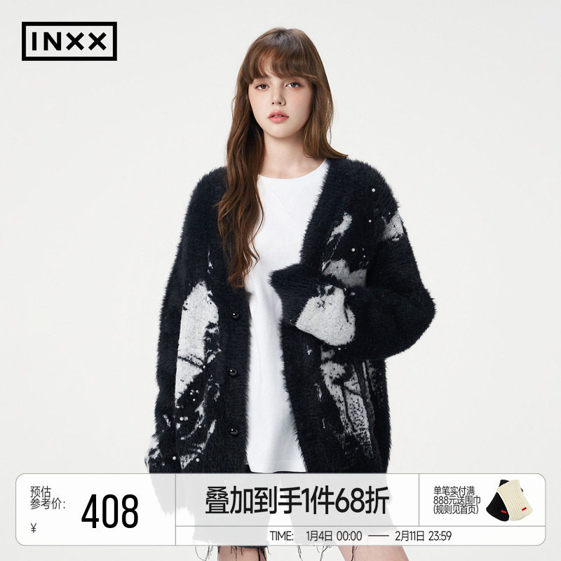 INXX仿貂毛时尚针织衫男女同款水墨爱心提花宽松V领毛衣开衫,男装,针织衫/毛衣,淘宝优惠券,粉丝福利购,淘宝优惠卷
