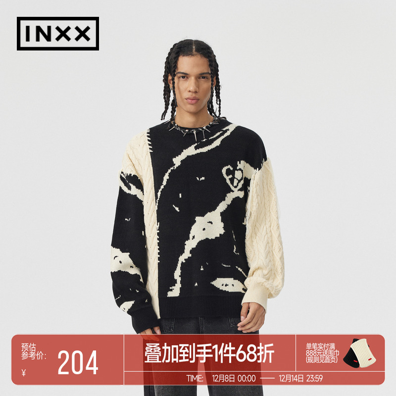 INXXAPYD 软糯仿貂毛套头针织衫男不对称撞色拼接圆领毛衣女