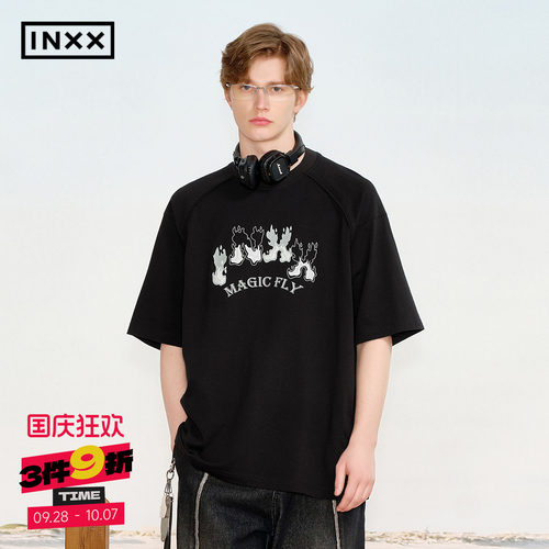 INXX美式休闲插肩袖T恤男2026夏季立体字母印花圆领短袖女潮牌