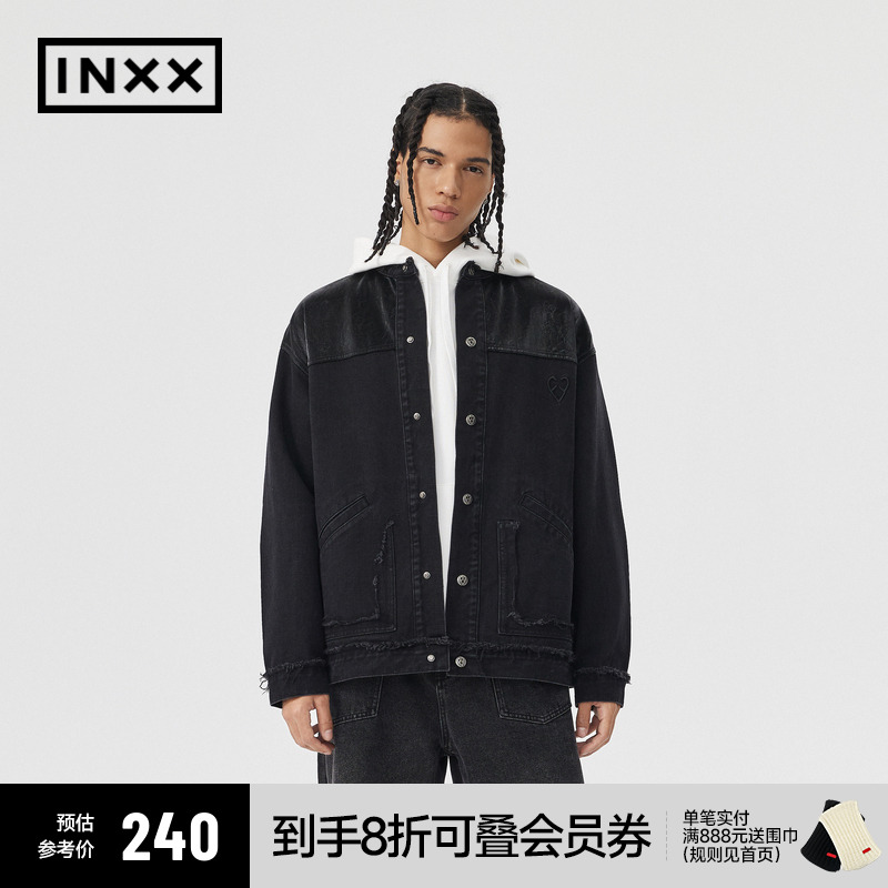 INXXAPYD 潮酷皮质拼接牛仔外套男设计做破毛边夹克上衣情侣