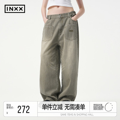 INXX喷码熘褪色洗水牛仔长裤男女复古做旧弯刀裤宽松阔腿裤