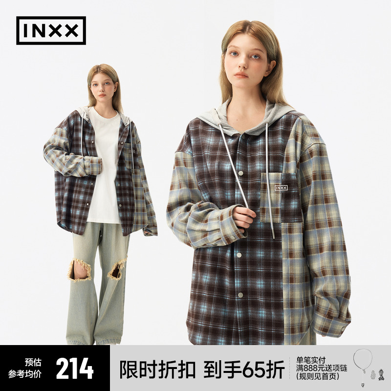 闫桉同款 INXX不对称格纹连帽衬衫男美式宽松休闲长袖格子衬衣女