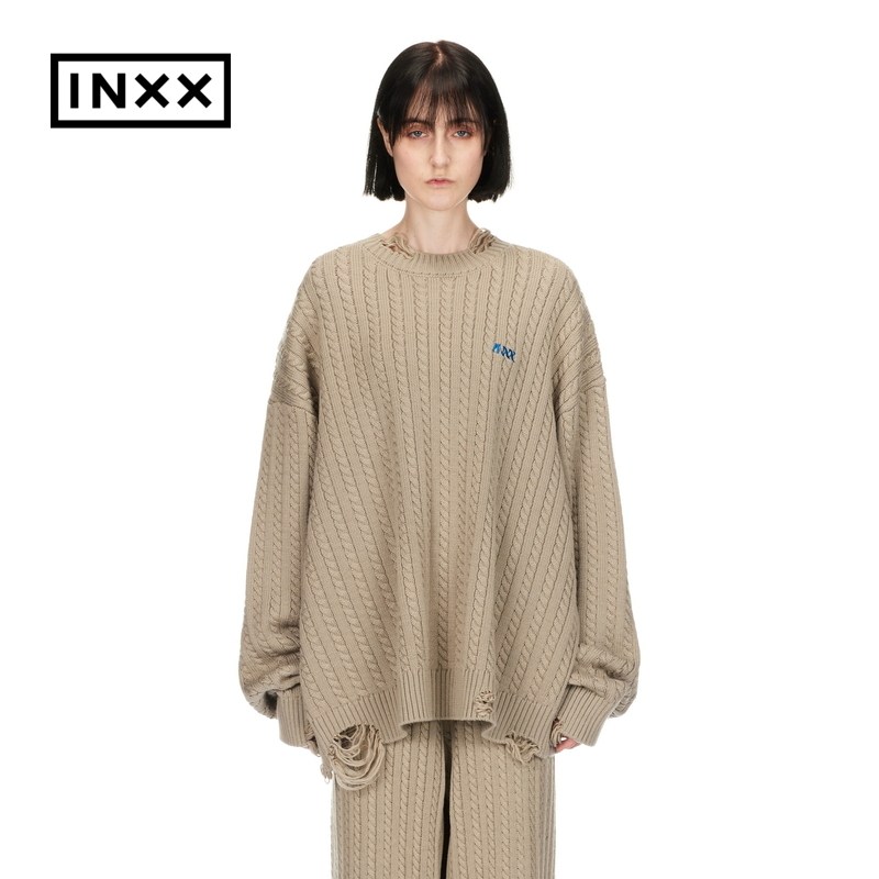 【INXX】商场同款做旧毛边针织衫卡其色麻花纹小标宽松慵懒风毛衣