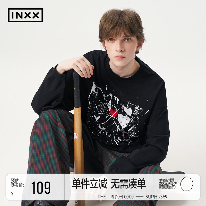 INXX美式休闲风落肩袖T恤男女同款水墨涂鸦宽松圆领上衣情侣