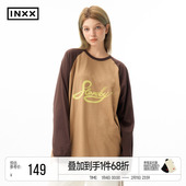 T恤男植绒印花长袖 INXX美式 校园风撞色插肩袖 宽松休闲上衣女
