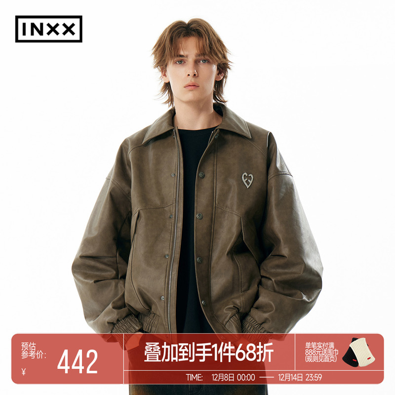 INXXAPYD 美式复古大口袋廓形皮衣男做旧宽松棉服翻领夹克潮