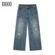INXX明星同款 情侣款 街头风破洞洗褪设计牛仔长裤 拼接直筒裤