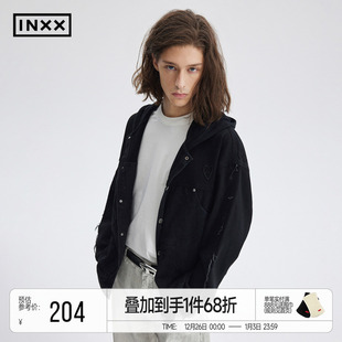 INXXAPYD 做旧街头风连帽上衣 牛仔拼接卫衣夹克外套男时尚