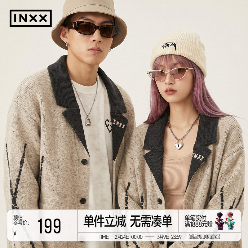 INXX美式复古针织衫男女同款撞色假两件翻领设计开衫毛衣情侣
