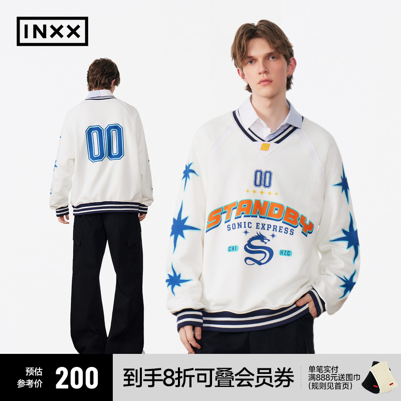 INXXStandby 美式复古V领撞色卫衣情侣条纹拼接设计感上衣男