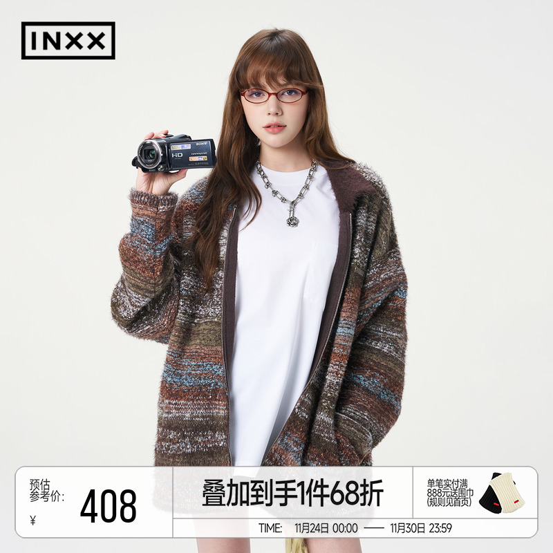 INXX明星同款复古仿貂毛混织针织衫男女美拉德翻领开衫毛衣