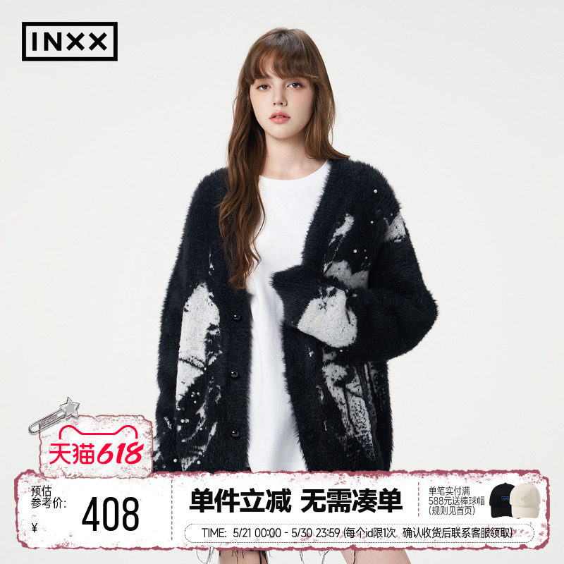 INXX仿貂毛时尚针织衫男女同款水墨爱心提花宽松V领毛衣开衫