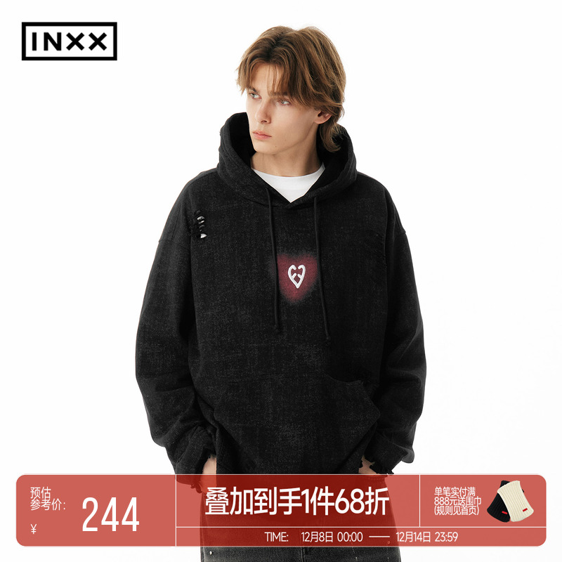 INXXAPYD 简约重磅连帽卫衣男黑色剪破下摆套头帽衫女潮牌