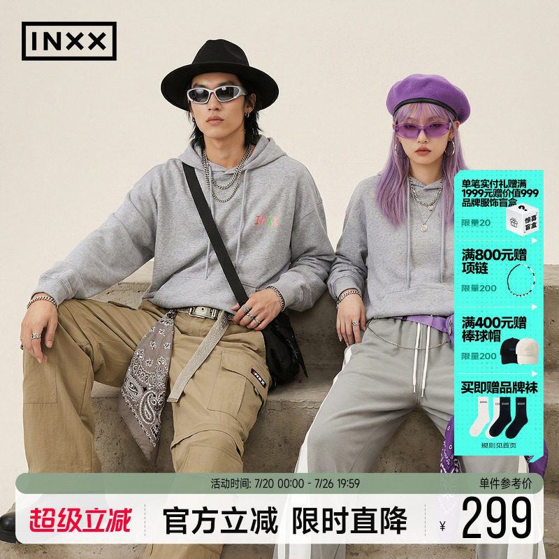 INXX彩色字母印花套头卫衣男女同款春季连帽衫美式休闲宽松上衣