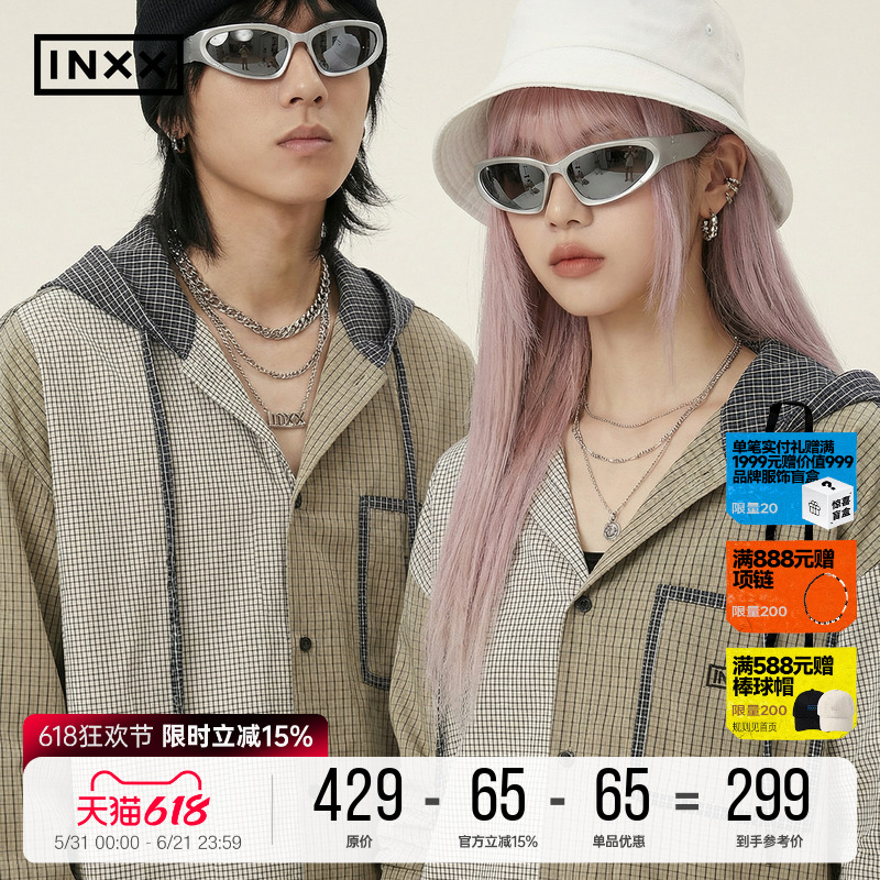 INXX明星同款 美式复古拼接格纹连帽衬衫潮牌上衣男宽松休闲外套