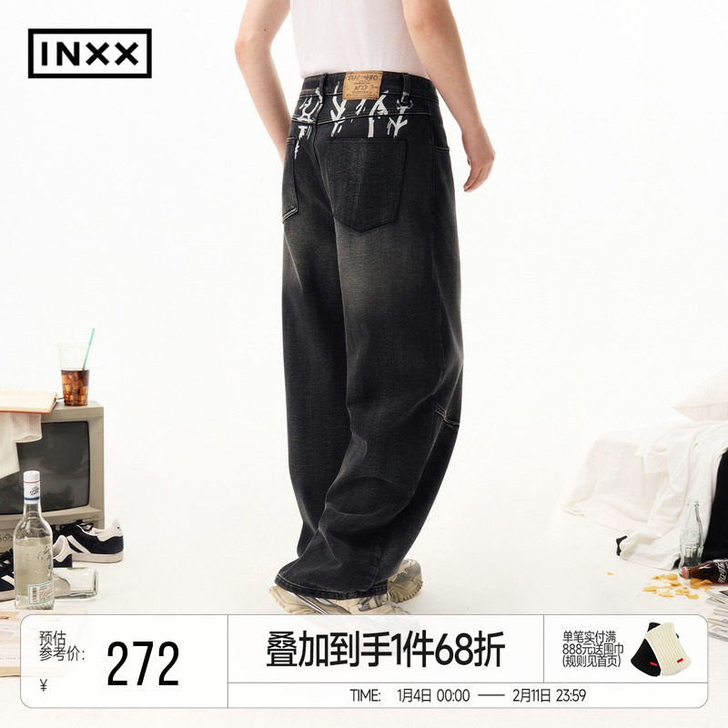 INXX复古水洗牛仔长裤男立体裁剪镰刀裤美式休闲黑色直筒裤