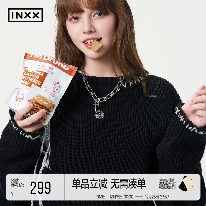 INXX黑白撞色拼接针织衫男潮牌手缝线设计圆领毛衫上衣情侣