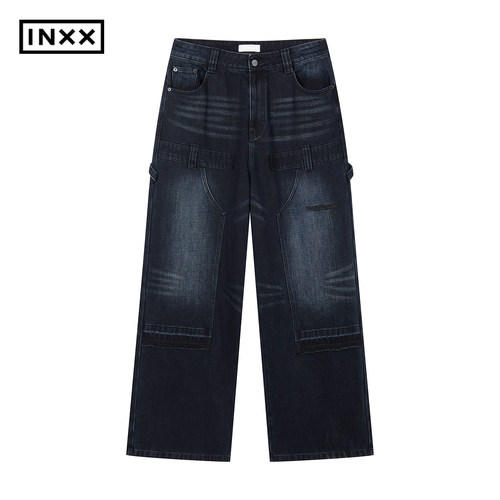 INXX喷马骝洗水设计牛仔长裤男结构拼接直筒长裤女XWF4221164