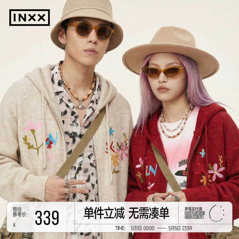 INXX明星同款新年毛衣新款连帽针织开衫情侣花朵刺绣上衣男女同款