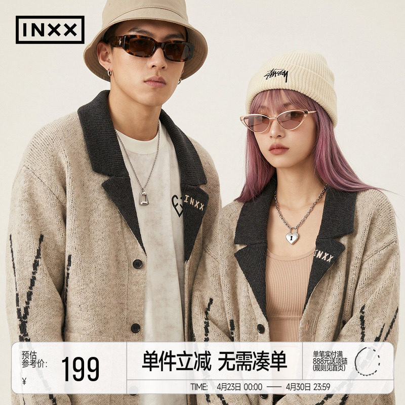 INXX美式复古针织衫男女同款撞色假两件翻领设计开衫毛衣情侣