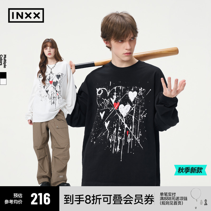 【INXX】美式休闲风落肩袖T恤男女同款水墨涂鸦宽松圆领上衣情侣