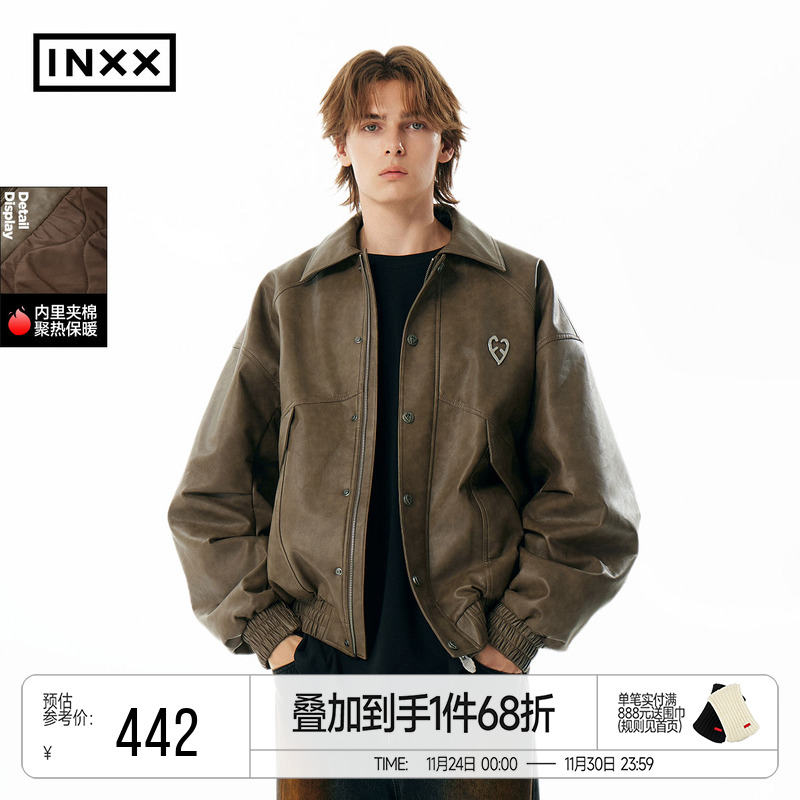 INXXAPYD 美式复古大口袋廓形皮衣男做旧宽松棉服翻领夹克潮