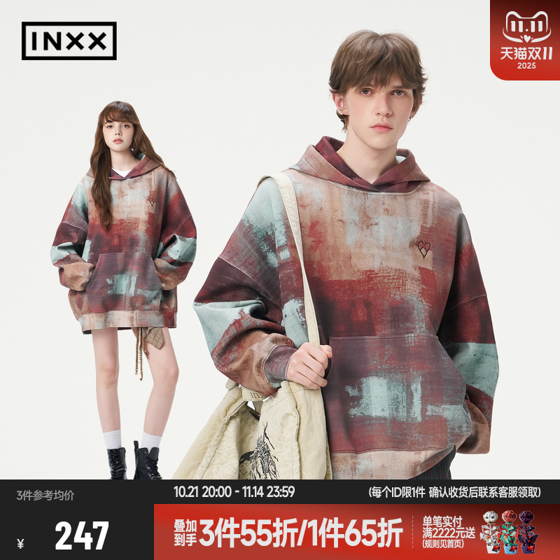 【INXX】秋日氛围印花空气层连帽卫衣男女时尚潮牌新款上衣帽衫