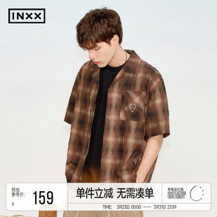 明星同款 男潮毛边设计感小众衬衣情侣 INXX复古拼色剪花格纹衬衫