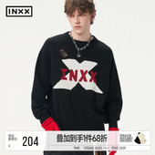 男破洞设计圆领套头毛衣女情侣 INXX潮牌手绘字母图案针织衫