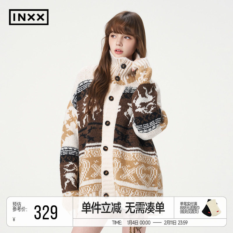 INXX明星同款 美式复古费尔岛毛衣开衫高领两穿软糯宽松情侣针织