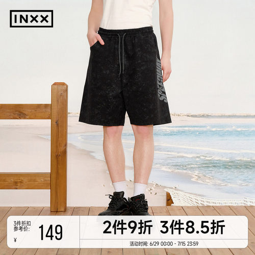INXX复古校园感仿炒色短裤男字母印花宽松休闲直筒五分裤女