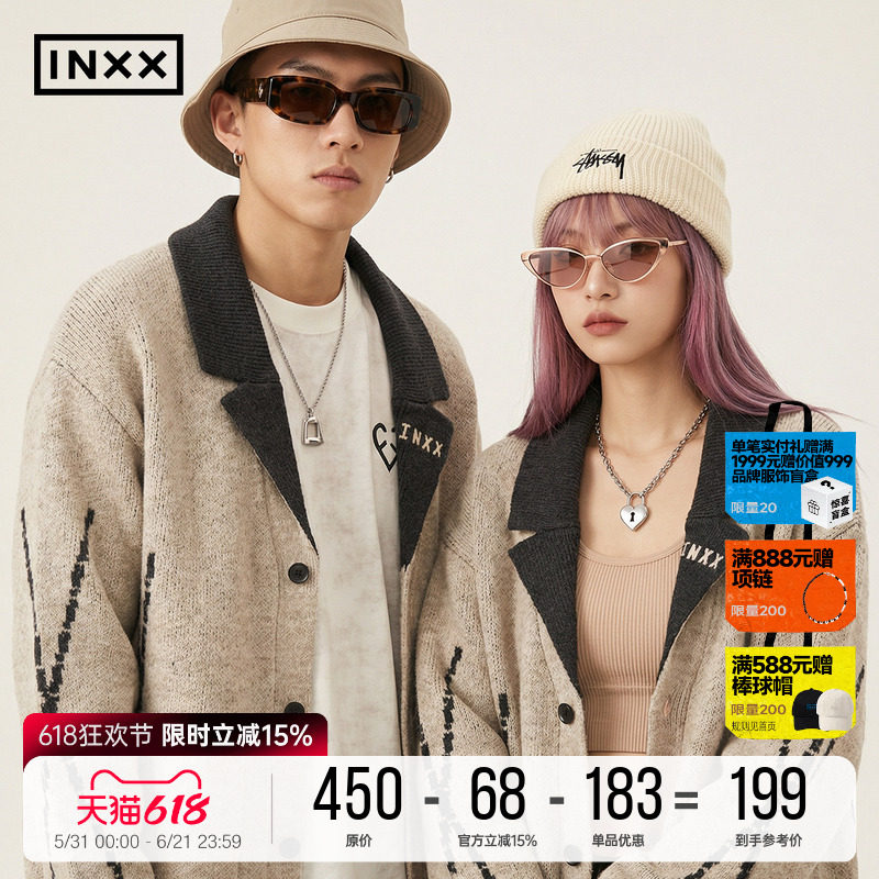 INXX美式复古针织衫男女同款撞色假两件翻领设计开衫毛衣情侣