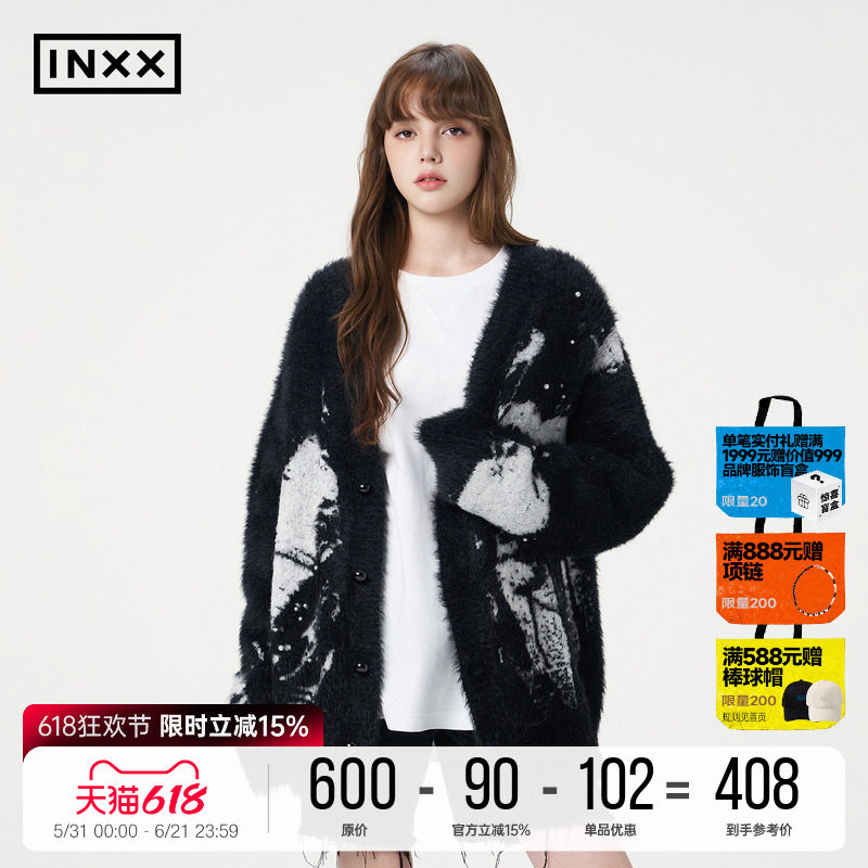 INXX仿貂毛时尚针织衫男女同款水墨爱心提花宽松V领毛衣开衫