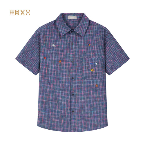 INXX美式格子印绣花翻领短袖衬衫