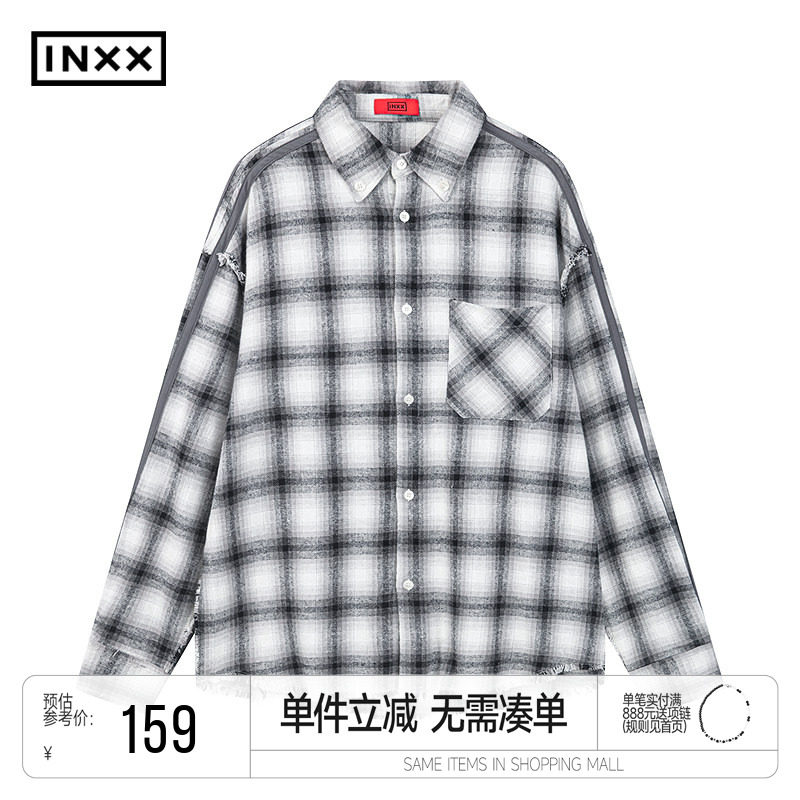 INXX美式复古撞色格子衬衫男时尚宽松bf风休闲衬衣情侣装