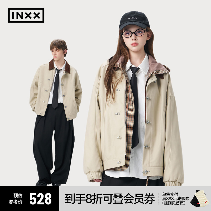 【INXX】休闲简约单排扣拼接撞色气质翻领夹克男短款工装感外套女