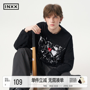 INXX美式休闲风落肩袖T恤男女同款水墨涂鸦宽松圆领上衣情侣