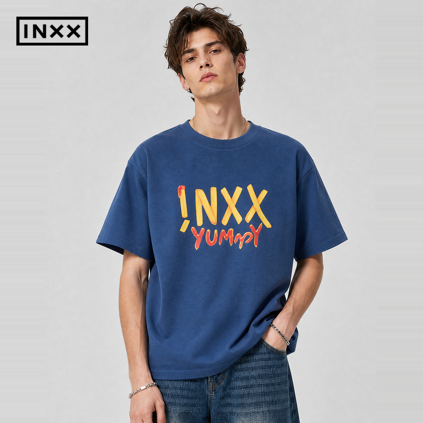 INXX趣味薯条logo印花短袖T恤夏季潮牌新品圆领半袖上衣男女同款