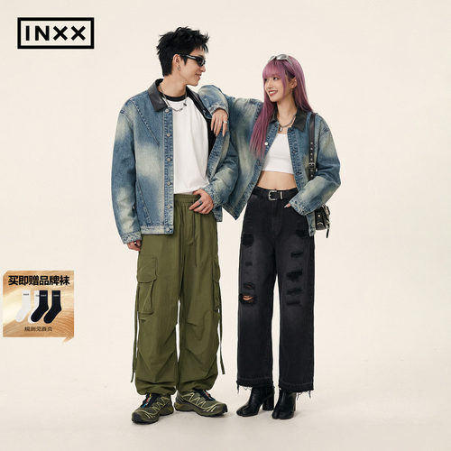 INXX复古做旧街头牛仔外套男时尚拼接蜡染廓形酷飒夹克女