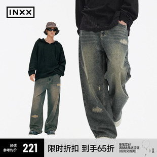 明星同款 INXX Standby不规则破洞牛仔裤 男复古怀旧水洗直筒长裤