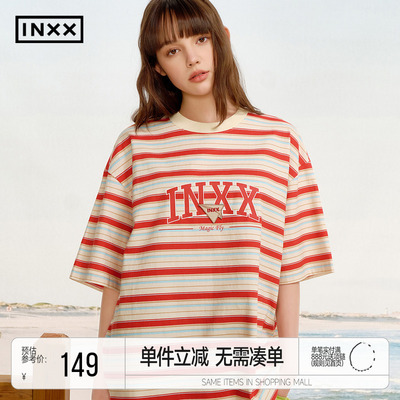 INXX明星同款 美式校园感圆领T恤男复古条纹印花短袖宽松五分袖女