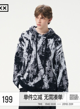 INXX街头风仿貂毛针织衫男渐变水墨慵懒宽松连帽套头毛衣女