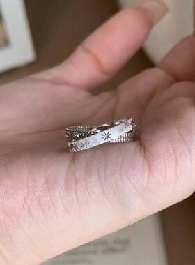 s925银小双环复古拉丝星芒戒指女小众设计感高级轻奢食指戒