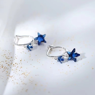 925纯银蓝色星星耳钉2024年新款潮耳环可爱小众夏耳扣女