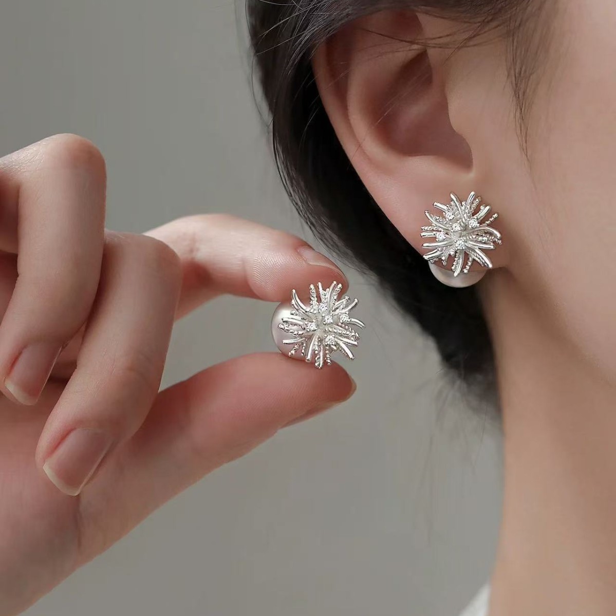 925银烟花珍珠耳钉轻奢小众2025新爆款耳环高级感耳饰女